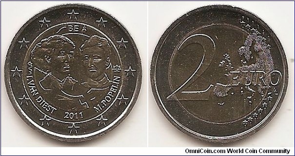 2 Euro
KM#308
8.5000 g., Bi-Metallic Nickel-Brass center in Copper-Nickel ring, 25.75 mm. Subject: 1st Centenary of the International Women's Day Obv: The coin displays the effigies of Isala Van Diest, the first female Belgian doctor, and Marie Popelin, the first female Belgian lawyer. Their names (I. VAN DIEST and M. POPELIN) are written under the effigies, separated by the year mark, and above the inscriptions are the symbols of their respective professions (the Rod of Asclepius and the Scales of Justice). Above the effigies are the inscription BE, the mint master mark and the mint mark. The coin's outer ring shows the 12 stars of the European Union on a background of concentric circular lines. Rev: 2 on the left-hand side, six straight lines run vertically between the lower and upper right-hand side of the face, 12 stars are superimposed on these lines, one just before the two ends of each line, superimposed on the mid - and upper section of these lines; the European continent ( extended ) is represented on the right-hand side of the face; the right-hand part of the representation is superimposed on the mid-section of the lines; the word ‘EURO’ is superimposed horizontally across the middle of the right-hand side of the face. Under the ‘O’ of EURO, the initials ‘LL’ of the engraver appear near the right-hand edge of the coin. Edge: Reeded with 2 * *, repeated six times, alternately upright and inverted. Designer: Luc Luycx