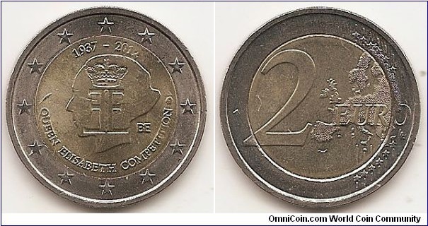 2 Euro
KM#317
8.5000 g., Bi-Metallic Nickel-Brass center in Copper-Nickel ring, 25.75 mm. Subject: 75th Anniversary of the Queen Elisabeth Music Competition Obv: The inner part of the coin depicts the emblem of the Queen Elisabeth Competition superimposed on the effigy of Queen Elisabeth, looking to the left, flanked on the left and right respectively by the mark of the mint master and the mark of the Brussels mint, a helmeted profile of the Archangel Michael. The years 1937-2012 are inscribed above the effigy, and the words 'QUEEN ELISABETH COMPETITION' below it. The nationality 'BE' is indicated to the right of the portrait of the Queen. The coin's outer ring shows the 12 stars of the European Union on a background of concentric circular lines. Rev: 2 on the left-hand side, six straight lines run vertically between the lower and upper right-hand side of the face, 12 stars are superimposed on these lines, one just before the two ends of each line, superimposed on the mid - and upper section of these lines; the European continent ( extended ) is represented on the right-hand side of the face; the right-hand part of the representation is superimposed on the mid-section of the lines; the word ‘EURO’ is superimposed horizontally across the middle of the right-hand side of the face. Under the ‘O’ of EURO, the initials ‘LL’ of the engraver appear near the right-hand edge of the coin. Edge: Reeded with 2 * *, repeated six times, alternately upright and inverted. Designer: Luc Luycx