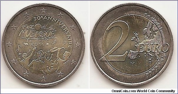 2 Euro
KM#1789
8.5000 g., Bi-Metallic Nickel-Brass center in Copper-Nickel ring, 25.75 mm. Subject: 30th Anniversary of Fête de la Musique Obv: The inner part of the coin depicts a cheerful crowd (with the stylized image of a musical instrument and notes floating in the air) symbolizing the atmosphere of celebration on the Day of Music, which has been celebrated in France every summer solstice since 1981. The words Fête de la MUSIQUE and the date 21 JUIN 2011 appear in the centre of the drawing. At the top, slanting rightwards, are the words 30e ANNIVERSAIRE and the letters RF appear at the bottom. The coin's outer ring shows the 12 stars of the European Union on a background of concentric circular lines. Rev: 2 on the left-hand side, six straight lines run vertically between the lower and upper right-hand side of the face, 12 stars are superimposed on these lines, one just before the two ends of each line, superimposed on the mid - and upper section of these lines; the European continent ( extended ) is represented on the right-hand side of the face; the right-hand part of the representation is superimposed on the mid-section of the lines; the word ‘EURO’ is superimposed horizontally across the middle of the right-hand side of the face. Under the ‘O’ of EURO, the initials ‘LL’ of the engraver appear near the right-hand edge of the coin. Edge: Reeded with 2 * *, repeated six times, alternately upright and inverted. Obv. designer: Monnaie de Paris Rev. designer: Luc Luycx
