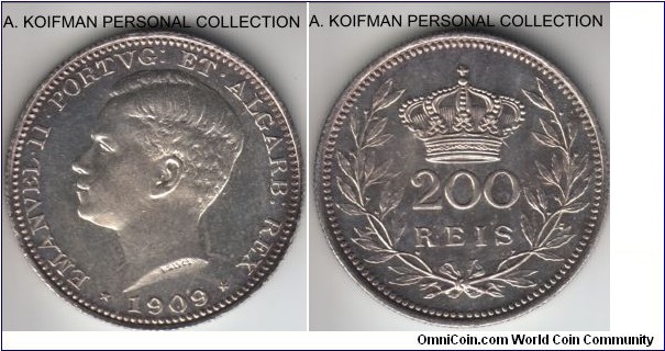 KM-549, 1909 Portugal 200 reis; silver, reeded edge; bright uncirculated or about, but the toning looks artificial.