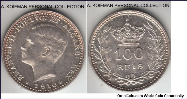 KM-548, 1910 Portugal 100 reis; silver, reeded edge; white borderline uncirculated specimen, however struck with the deteriorating (2 due breaks on revese) and possibly rusted or greased reverse die as the field is full of miniature elevated dots.