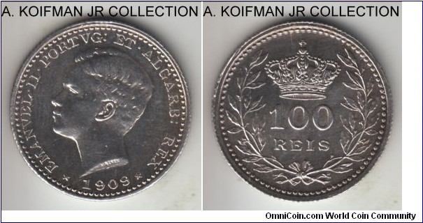 KM-548, 1909 Portugal 100 reis; silver, reeded edge; Manuel II, 2-year type, almost uncirculated details, cleaned.