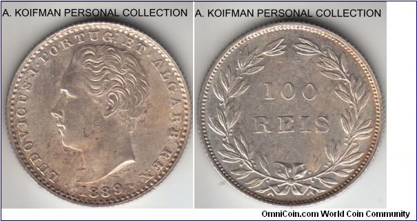 KM-510, 1889 Portugal 100 reis; silver, reeded edge; extra fine or so.