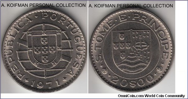 KM-24, 1971 San Thomas and Prince 20 escudos; nickel, reeded edge; brillinat uncirculated, regular strike.