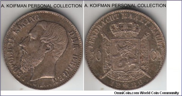 KM-27, 1886 Belgium 50 centimes; silver, reeded edge; DER BELGEN (Flemish), good extra fine, toned, Belgium coins of that period are relatively scarce in high grades.