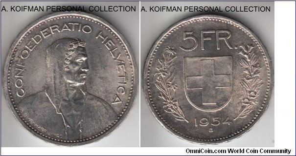 KM-40, 1954 Switzerland 5 francs, Berne mint (B mint mark); silver, lettered edge; toned nicer uncirculated.