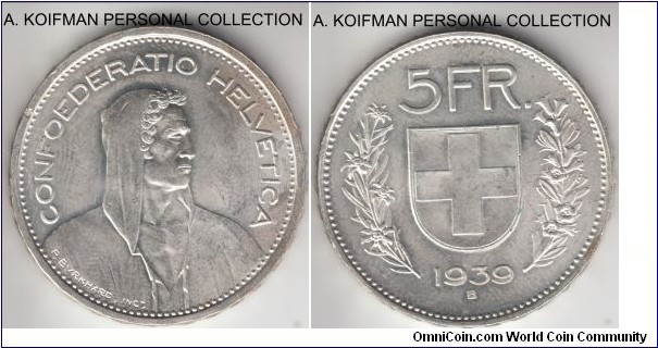 KM-40, 1939 Switzerland 5 francs, Bern mint (B mint mark); silver, raised lettered edge; average uncirculated, bright white.
