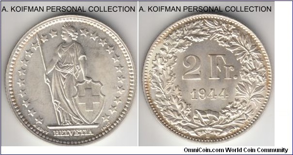 KM-21, 1944 Switzerland 2 francs, Bern mint (B mint mark); silver, reeded edge; bright white uncirculated.