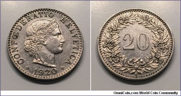 Very fine ex of the 20 Rappen coin from 1920
