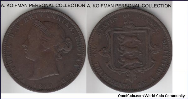 KM-4, 1870 Jersey 1/26'th of a shilling; bronze, plain edge; brown very fine or about.