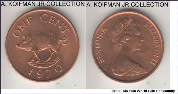 KM-15, 1970 Bermuda cent; bronze, plain edge; Elizabeth II, first year of the issue and common, red uncirculated.