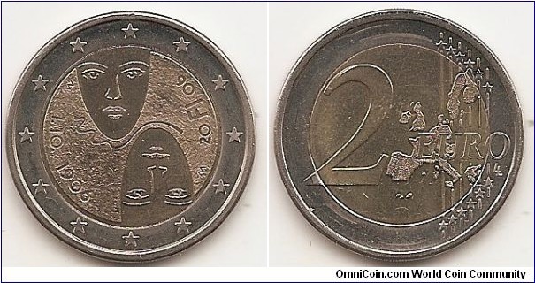 2 Euro
KM#125
8.5000 g., Bi-Metallic Nickel-Brass center in Copper-Nickel ring, 25.75 mm. Subject: 1st Centenary of the Introduction of Universal and Equal Suffrage. Obv: The coin shows two stylised faces in the centre part, one male and the other female; they are separated by a thin curved line. Two capital 