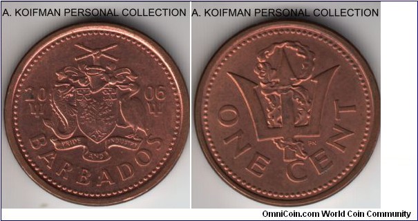 KM-10a, 2006 Barbados cent; copper plated steel, plain edge; about uncirculated, mostly red.