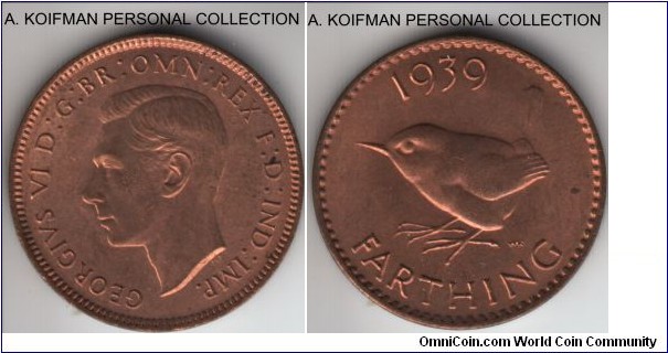 KM-843, 1939 Great Britain farthing; bronze, plain edge; red average uncirculated.