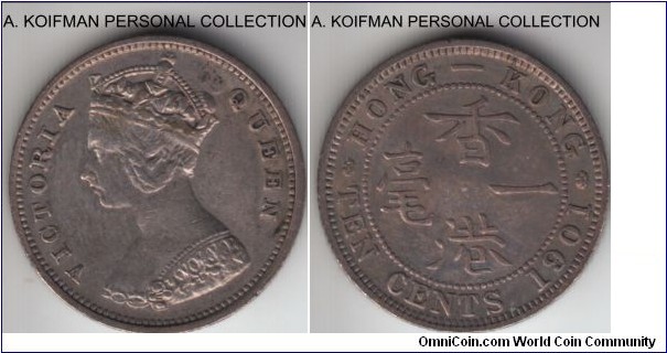 KM-6.3, 1901 Honk Kong 10 cents; silver, reeded edge; toned about extra fine.