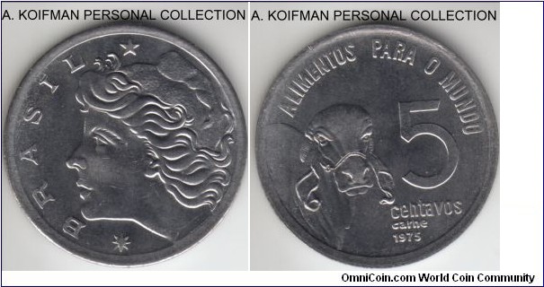 KM-587.1, 1975 Brazil 5 centavos; stainless steel, plain edge; FAO issue, average uncirculated.