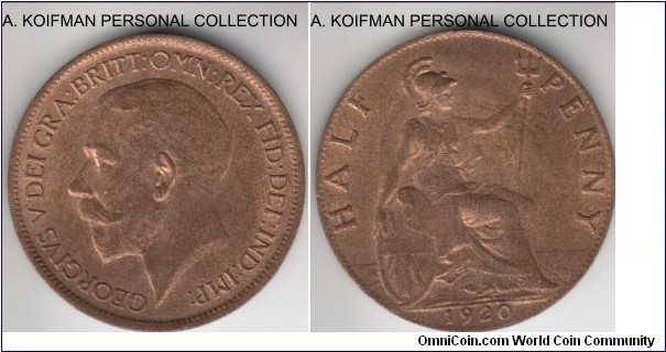 KM-809, 1920 Great Britain 1/2 penny; bronze, plain edge; red brown pleasant uncirculated.