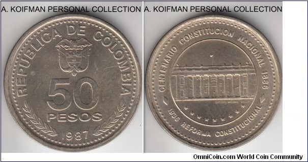 KM-272, 1987 Colombia 50 pesos; copper-nickel, lettered edge; National constitution, about uncirculated.