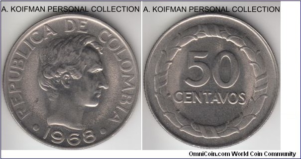 KM-228, 1968 Colombia 50 centavos; nickel clad steel, reeded edge; bright uncirculated specimen.