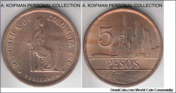 KM-268, 1987 Colombia 5 pesos; bronze, segment reeded edge; average uncirculated or almost.