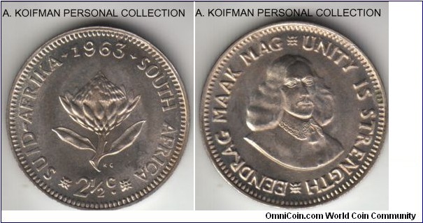 KM-48, 1963 South Africa (Republic) 2 1/2 cents; silver, plain edge; transitional coinage, bright white, but for a small spot on reverse brillian uncirculated, mintage 33,000.
