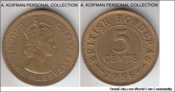 KM-31, 1956 British Honduras 5 cents; nickel-brass, plain edge; darkr toned uncirculated, mintage 100,000, scarce.