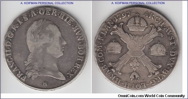 KM-62.1, 1797 Austrian Netherlands kronenthaler, Gunzburg mint (H mint mark); silver, lettered edge; good fine to very fine