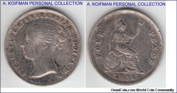 KM-731.1, 1838 Great britain groat (4 pence); silver, reeded edge; very fine but multiple sctratches on obverse.