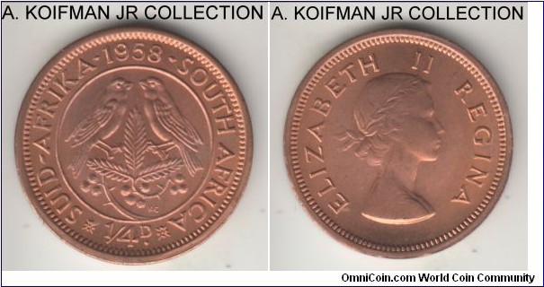 KM-44, 1958 South Africa (Dominion) farthing; bronze, plain edge; Elizabeth II, red uncirculated.