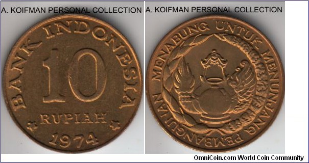 KM-38, 1974 Indonesia 10 rupiah; brass clad steel, plain edge; National Saving program, high quality uncirculated.