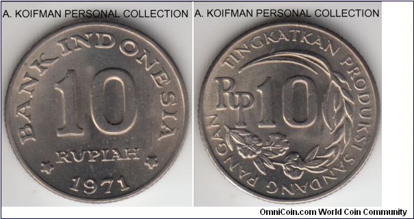 KM-33, 1971 Indonesia 10 rupiah; copper-nickel, reeded edge; FAO issue, average uncirculated.