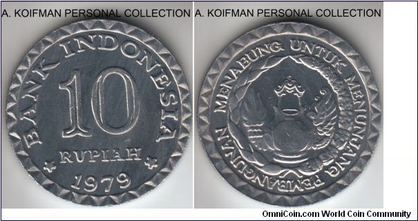 KM-44, 1979 Indonesia 10 rupiah; aluminum, reeded edge; bright white uncirculated, a small streak of toning start on obverse.
