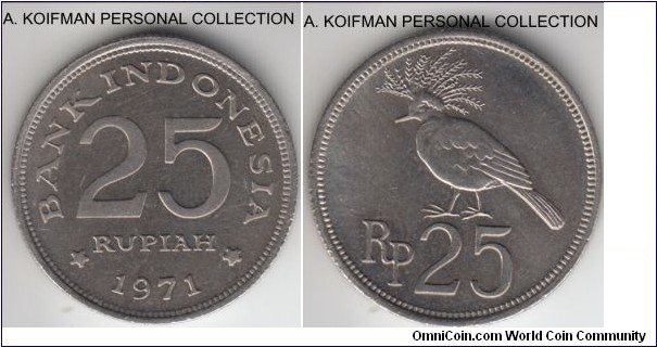KM-34, 1971 Indonesia 25 rupiah; copper-nickel, reeded edge; proof-like surfaces on obverse, due to this few hairlines present are more distinct, average uncirculated coin.