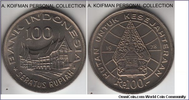 KM-42, 1978 Indonesia 100 rupiah; copper-nickel, reeded edge; Forestry for prosperity - rather thin flan, almost flawless strike, nice coin.