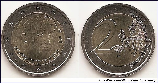 2 Euro
KM#358
8.5000 g., Bi-Metallic Nickel-Brass center in Copper-Nickel ring, 25.75 mm. Subject: 700th Birthday of Giovanni Boccaccio. Obv: The design shows the head of Giovanni BOCCACCIO in three quarter view facing right, drawn from the fresco by Andrea del Castagno, around 1450 c. (Florence, Galleria degli Uffizi); around, on the bottom, BOCCACCIO 1313 2013; on the right, superimposed letters R (monogram of the Mint of Rome)/RI(monogram of Italian Republic)/m (monogram of the Author Mauri). The twelve stars of the European Union surround the design on the outer ring of the coin. Rev: 2 on the left-hand side, six straight lines run vertically between the lower and upper right-hand side of the face, 12 stars are superimposed on these lines, one just before the two ends of each line, superimposed on the mid - and upper section of these lines; the European continent ( extended ) is represented on the right-hand side of the face; the right-hand part of the representation is superimposed on the mid-section of the lines; the word ‘EURO’ is superimposed horizontally across the middle of the right-hand side of the face. Under the ‘O’ of EURO, the initials ‘LL’ of the engraver appear near the right-hand edge of the coin. Edge: Reeded with combination of the number 2 and * repeated six times. Obv. designer: Roberto Mauri Rev. designer: Luc Luycx