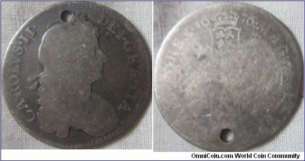1676 shilling, holed, reverse well worn