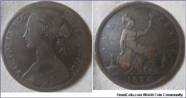 1874 H penny error, struck out of collar.