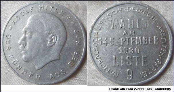 1930 token, from Nazi Party encouraging people to vote for them