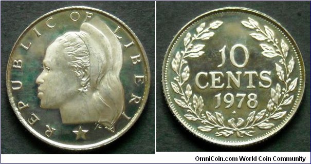 Liberia 10 cents.
1978, Proof from Franklin Mint.
Mintage: 7.311 pieces.