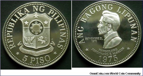 Philippines 5 piso.
1975, Ferdinand Marcos. Proof from Franklin Mint. Mintage: 39.000 pieces.