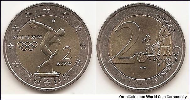 2 Euro
KM#209
8.5000 g., Bi-Metallic Nickel-Brass center in Copper-Nickel ring, 25.75 mm. Subject: Summer Olympics in Athens 2004. Obv: The Discobolus (a classical Greek sculpture by Myron) is depicted in the centre of the coin. To the left of it is the logo of the Olympic games (ATHENS 2004) and the five Olympic Rings, while to the right the denomination of the coin is given in Greek (2 ΕΥΡΩ). The twelve stars of the European Union surround the design. The year mark is split around the star in the bottom centre (20*04), and the mint mark is to the upper left of the statue's head. Rev: 2 on the left-hand side, six straight lines run vertically between the lower and upper right-hand side of the face, 12 stars are superimposed on these lines, one just before the two ends of each line, superimposed on the mid - and upper section of these lines; the countries of Eurozone is represented on the right-hand side of the face; the right-hand part of the representation is superimposed on the mid-section of the lines; the word ‘EURO’ is superimposed horizontally across the middle of the right-hand side of the face. Under the ‘O’ of EURO, the initials ‘LL’ of the engraver appear near the right-hand edge of the coin. Edge: Reeded with ΕΛΛΗΝΙΚΗ ΔΗΜΟΚΡΑΤΙΑ *. Obv. designer: Panagiotis Gravvalos Rev. designer: Luc Luycx
