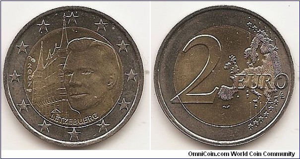 2 Euro
KM#95
8.5000 g., Bi-Metallic Nickel-Brass center in Copper-Nickel ring, 25.75 mm. Subject: Grand Ducal Palace. Obv: The inner part of the coin design is divided into two halves: The right side shows Grand Duke Henri (looking to the left), while the Grand Ducal Palace is shown on the left side. Between the Grand Ducal Palace and the outer ring of the coin, the year mark is inscribed vertically, with the engraver's initials above and the mint mark below. The inscription LËTZEBUERG appears superimposed on the two elements of the main design of the coin. The twelve stars of the European Union surround the design on the outer ring of the coin. Rev: 2 on the left-hand side, six straight lines run vertically between the lower and upper right-hand side of the face, 12 stars are superimposed on these lines, one just before the two ends of each line, superimposed on the mid - and upper section of these lines; the European continent ( extended ) is represented on the right-hand side of the face; the right-hand part of the representation is superimposed on the mid-section of the lines; the word ‘EURO’ is superimposed horizontally across the middle of the right-hand side of the face. Under the ‘O’ of EURO, the initials ‘LL’ of the engraver appear near the right-hand edge of the coin. Edge: Reeded with combination of the number 2 and ** repeated six times. Obv. designer: Alain Hoffmann Rev. designer: Luc Luycx