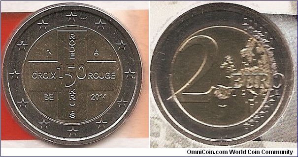 2 Euro
KM#NEW
8.5000 g., Bi-Metallic Nickel-Brass center in Copper-Nickel ring, 25.75 mm. Subject: 150 Years Belgium Red Cross. Obv: The inner part of the coin features a cross with the number ‘150’ in its centre. The vertical and horizontal bars of the cross bear the words ‘Rode Kruis’ and ‘Croix-Rouge’ respectively. The cross is surrounded by the mark of the Brussels mint (a helmeted profile of the archangel Michael), the signature mark of the Master of the Mint, the year 2014, and the country code ‘BE’. The twelve stars of the European Union surround the design on the outer ring of the coin. Rev: 2 on the left-hand side, six straight lines run vertically between the lower and upper right-hand side of the face, 12 stars are superimposed on these lines, one just before the two ends of each line, superimposed on the mid - and upper section of these lines; the European continent ( extended ) is represented on the right-hand side of the face; the right-hand part of the representation is superimposed on the mid-section of the lines; the word ‘EURO’ is superimposed horizontally across the middle of the right-hand side of the face. Under the ‘O’ of EURO, the initials ‘LL’ of the engraver appear near the right-hand edge of the coin. Edge: Reeded with combination of the number 2 and ** repeated six times. Rev. designer: Luc Luycx