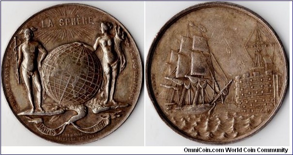 Scarcer silver jeton dated 1858 and issued for `La Sphere' a French Maritime assurer based in Paris.
