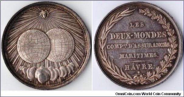 high grade silver jeton issued for Les Deux -Mondes, a french maritime assurer based in le Havre