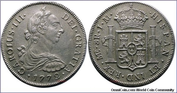 Spanish colonial, Peru, Charles III, 8 Reales, 1772. Assayer: JM. Lima mint. KM# 78; CT# 851. 26.89g. Bold extremely fine with slightly porous surfaces, no toning, overall a nice example of the scarce first date of type.
