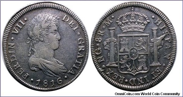 Spanish colonial, Guatemala, Ferdinand VII, 8 reales, 1816. Assayer M. KM# 69; CT# 464. 26.94 grams, Silver. The oversized flan extending past the rim design at top.