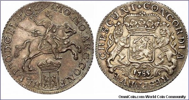 Netherlands, Gelderland, 1/2 Ducaton, 1/2 Silver Rider, 1785. Delmonte# 1045, KM# 101.2. Nice toning, extremely fine.