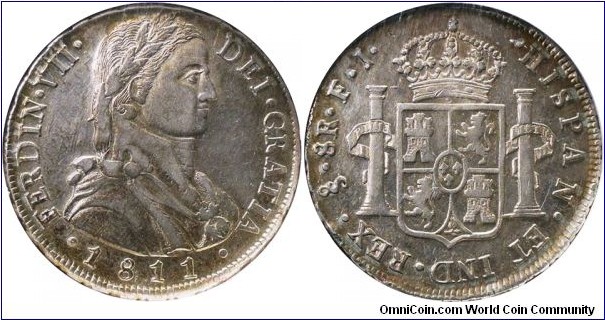 Spanish colonial, Chile, Imaginary laureate military bust of Fernando VII, 8 Reales, 1811. 27g, 40.5mm, Silver. Santiago mint; Assayer: Francisco Rodriguez Brochera and Jose Maria de Bobadilla. KM# 75.