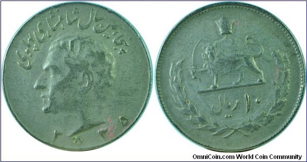 Iran10Rials-50yrsPahlaviRule-km1208-(MS2535)1976